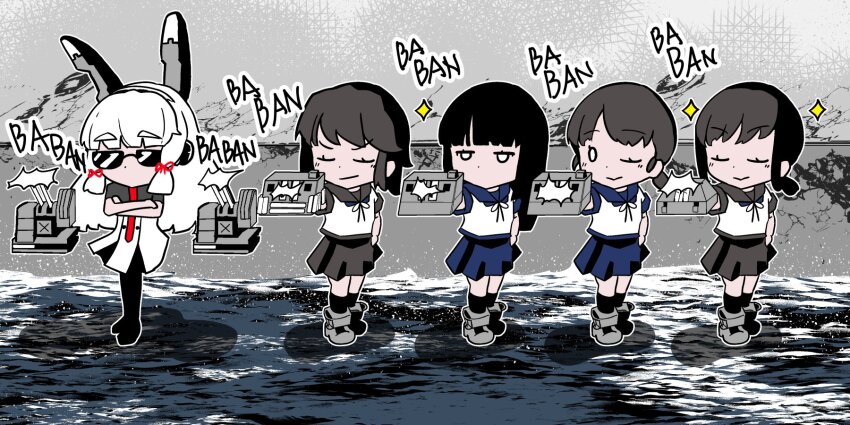 5girls black_bodysuit black_hair black_sailor_collar black_skirt black_socks blank_eyes blue_neckerchief blue_sailor_collar blue_shirt blunt_bangs blunt_tresses bodysuit brown_hair closed_eyes deformed donguri_(kino4405) dress english_text floating_headgear fubuki_(kancolle) fubuki_kai_ni_(kancolle) full_body grey_footwear hair_ribbon hatsuyuki_(kancolle) headgear highres holding holding_turret kantai_collection kneehighs long_hair low_ponytail low_twintails medium_hair miyuki_(kancolle) miyuki_kai_ni_(kancolle) mountain multiple_girls murakumo_(kancolle) murakumo_kai_ni_(kancolle) neckerchief necktie ocean ponytail red_necktie red_ribbon ribbon sailor_collar ship_turret shirayuki_(kancolle) shirt short_dress short_sleeves short_twintails sidelocks skirt smug socks sparkle standing standing_on_liquid sunglasses thick_eyebrows tress_ribbon turret twintails white_dress white_hair white_shirt yusuf_dikec_(meme)