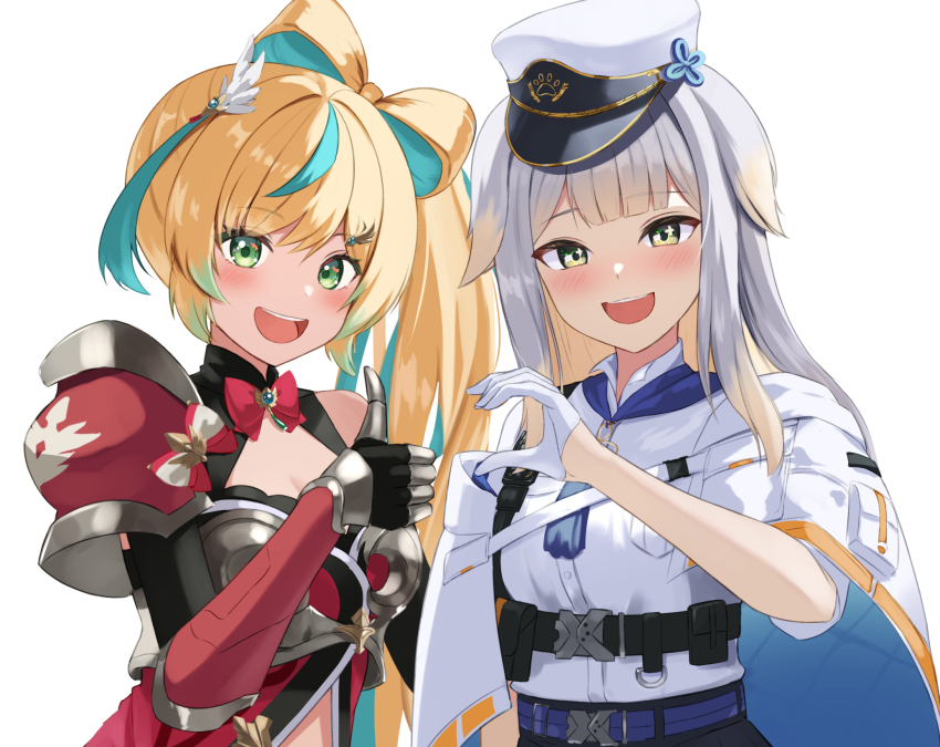 2girls blonde_hair bow-shaped_hair breasts cleavage green_eyes half-heart_hands hat heart_hands_failure highres looking_at_viewer medium_breasts multicolored_hair multiple_girls nijisanji open_mouth shioriha_ruri simple_background smile streaked_hair tachitsute_toto takechi49 thumbs_up virtual_youtuber white_background white_hair