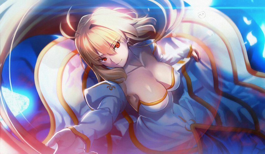 1girl ahoge antenna_hair aora archetype_earth arcueid_brunestud blonde_hair breasts cleavage closed_mouth collarbone covered_navel detached_sleeves diffraction_spikes dress floating_hair from_above glowing hair_between_eyes highres juliet_sleeves large_breasts long_hair long_sleeves looking_at_viewer outstretched_arm parody puffy_sleeves reaching reaching_towards_viewer red_eyes revision short_hair signature skirt_hold smile solo standing style_parody takeuchi_takashi_(style) tsukihime tsurime twitter_username white_dress
