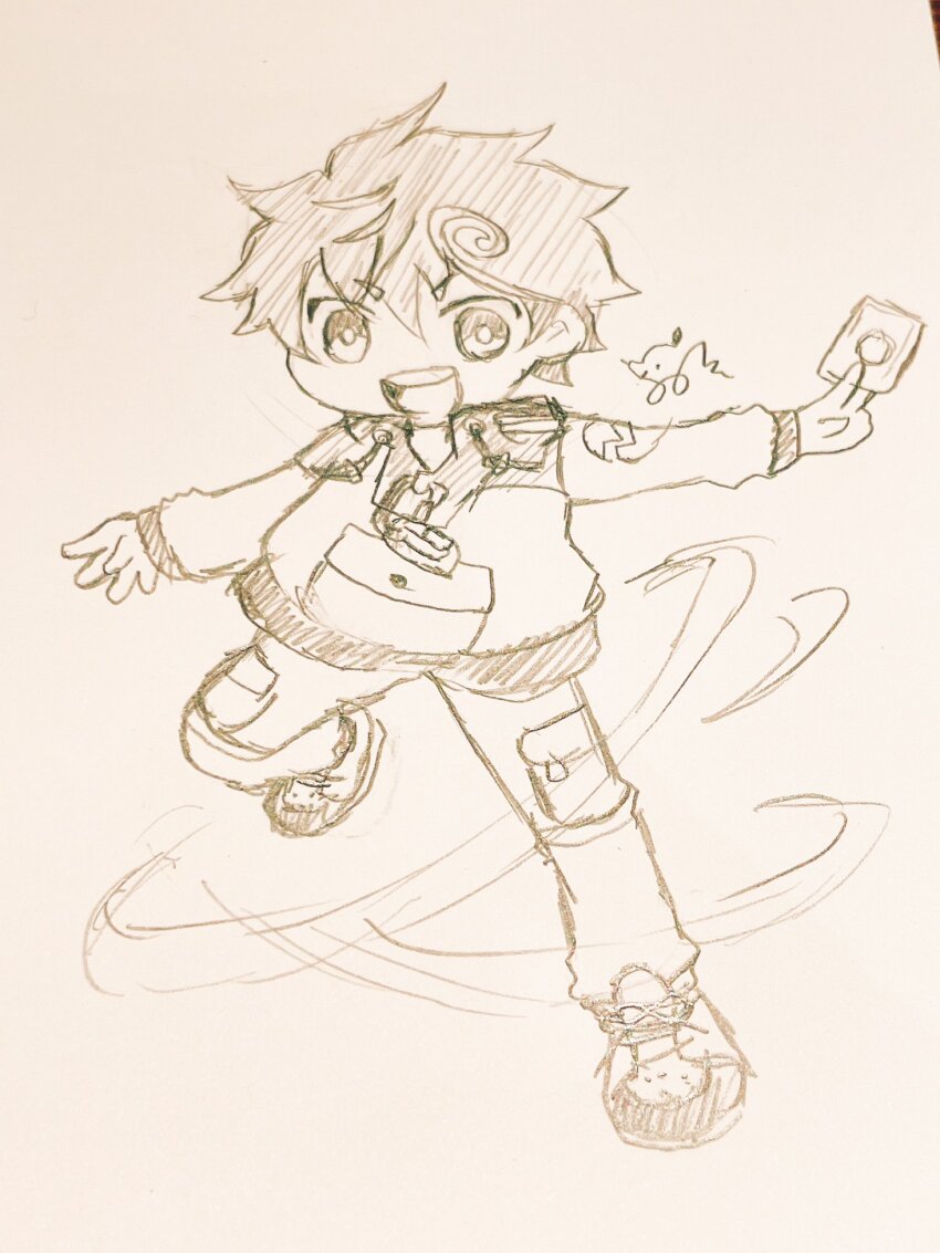 1boy digimon kazama_shoto looking_at_viewer male_focus monochrome short_hair sketch smile solo teeth