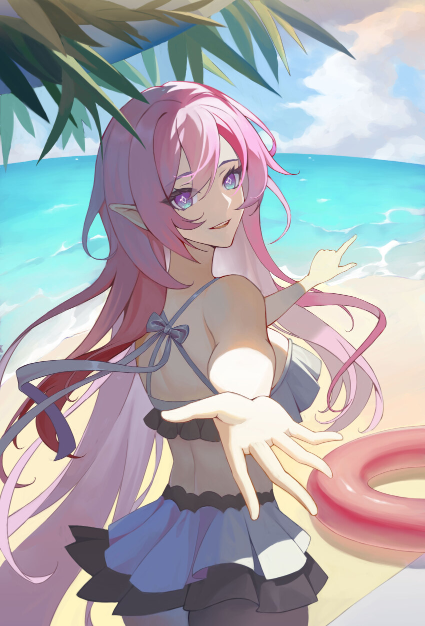 1girl absurdres bare_shoulders beach bikini bikini_skirt blue_sky breasts cloud cloudy_sky cosplay diamond-shaped_pupils diamond_(shape) elf elysia_(herrscher_of_human:_ego)_(honkai_impact) elysia_(honkai_impact) elysia_(honkai_impact)_(cosplay) elysia_(miss_pink_elf)_(honkai_impact) elysia_(summer_miss_elf)_(honkai_impact) floating floating_object hair_between_eyes highres honkai_(series) honkai_impact_3rd large_breasts long_hair multicolored_eyes ocean offering_hand outdoors palm_tree pink_hair pointy_ears sky stupid_goose_man summer swimsuit symbol-shaped_pupils thighs tree two-tone_eyes very_long_hair white_bikini