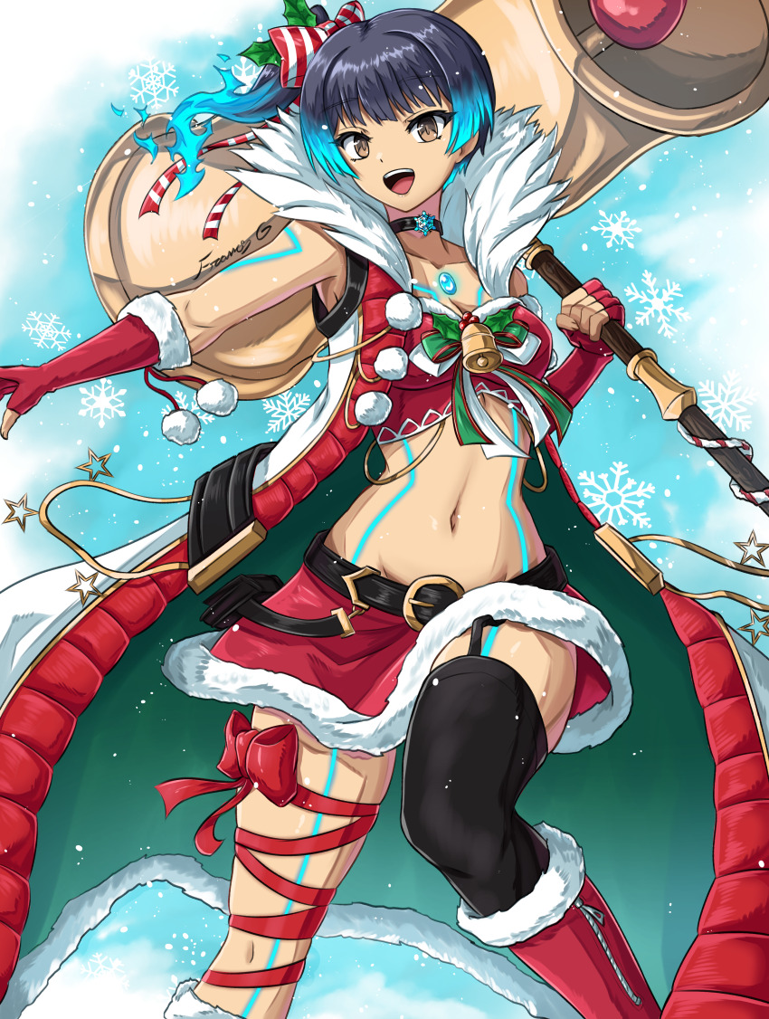 1girl absurdres alternate_costume bare_shoulders bell belt black_belt black_hair blue_hair body_markings boots bow breasts brown_eyes chest_jewel christmas cleavage coat commentary crop_top elbow_gloves feet_out_of_frame fgsketch fiery_hair fingerless_gloves fur-trimmed_boots fur-trimmed_gloves fur_trim gloves gradient_hair hammer highres holding holding_hammer looking_at_viewer midriff multicolored_hair navel open_clothes open_coat open_mouth red_boots red_bow red_gloves red_ribbon red_skirt ribbon santa_costume sena_(xenoblade) side_ponytail single_thighhigh skirt sleeveless sleeveless_coat small_breasts smile snowflake_choker solo stomach teeth thighhighs upper_teeth_only xenoblade_chronicles_(series) xenoblade_chronicles_3