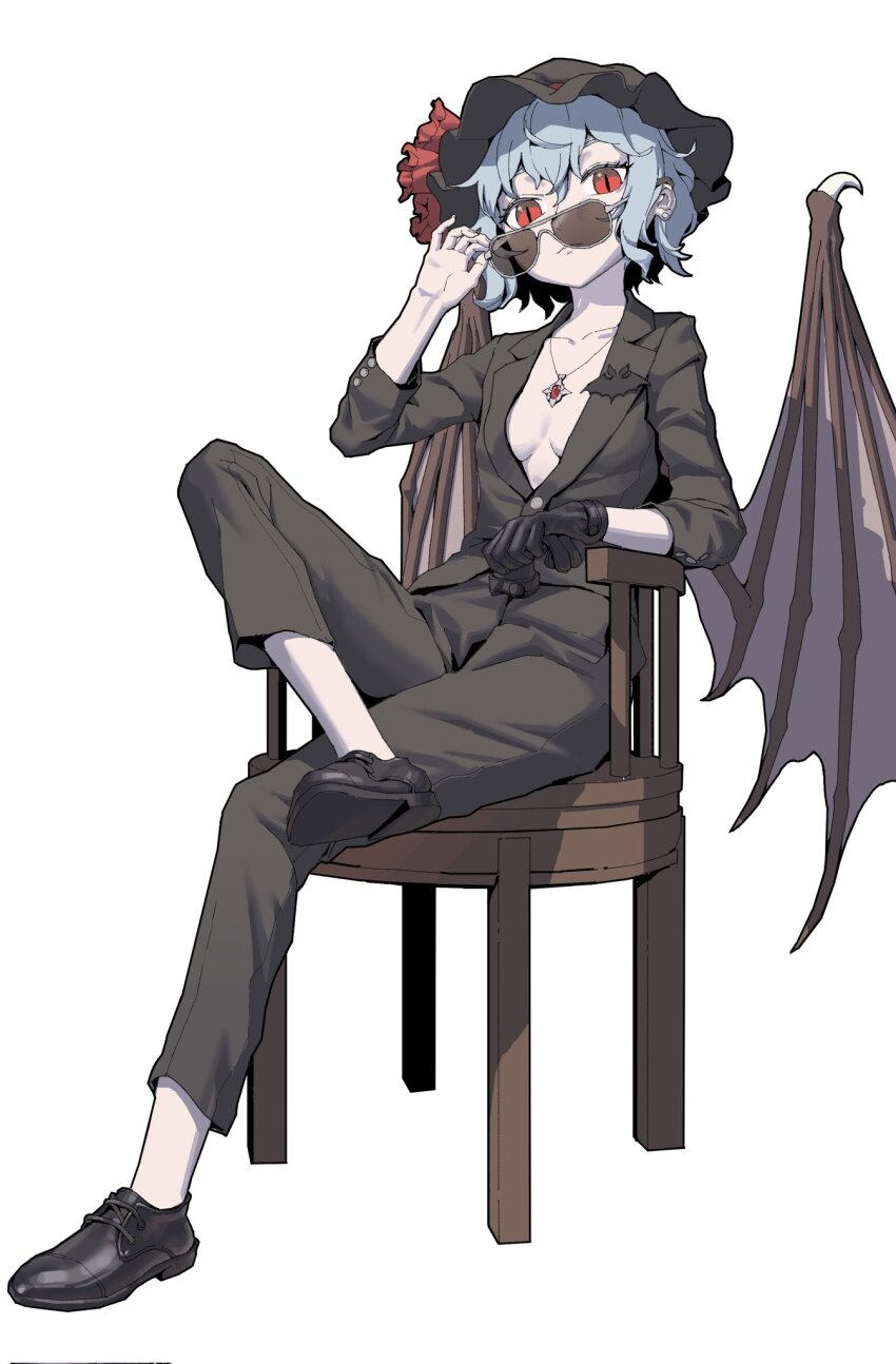 1girl alternate_costume bat_wings black_hat black_shoe blue_hair corrupted_twitter_file formal_clothes full_body gloves hat highres inner_boob jewelry mob_cap necklace open_clothes open_shirt pants red_eyes remilia_scarlet shoes short_hair sitting socks solo suit sunglasses touhou white_background wings