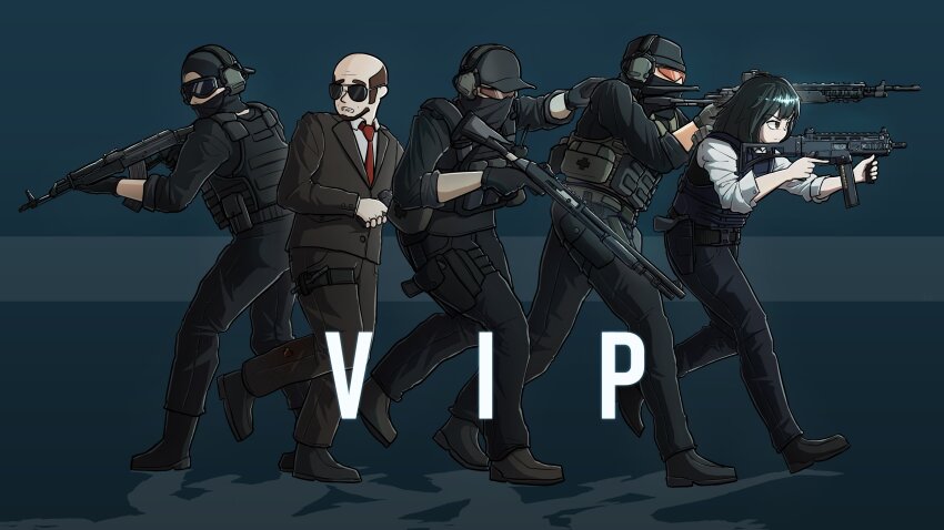 1girl 4boys absurdres akm assault_rifle backwards_hat baseball_cap benelli_m4_super_90 blood boots bullet_hole formal_clothes gloves gun h&amp;k_ump handgun hat headset highres holding holding_weapon injury kalashnikov_rifle load_bearing_vest mask military military_operator multiple_boys no_tables original rifle short_hair shotgun submachine_gun suit sunglasses tactical_clothes trigger_discipline weapon