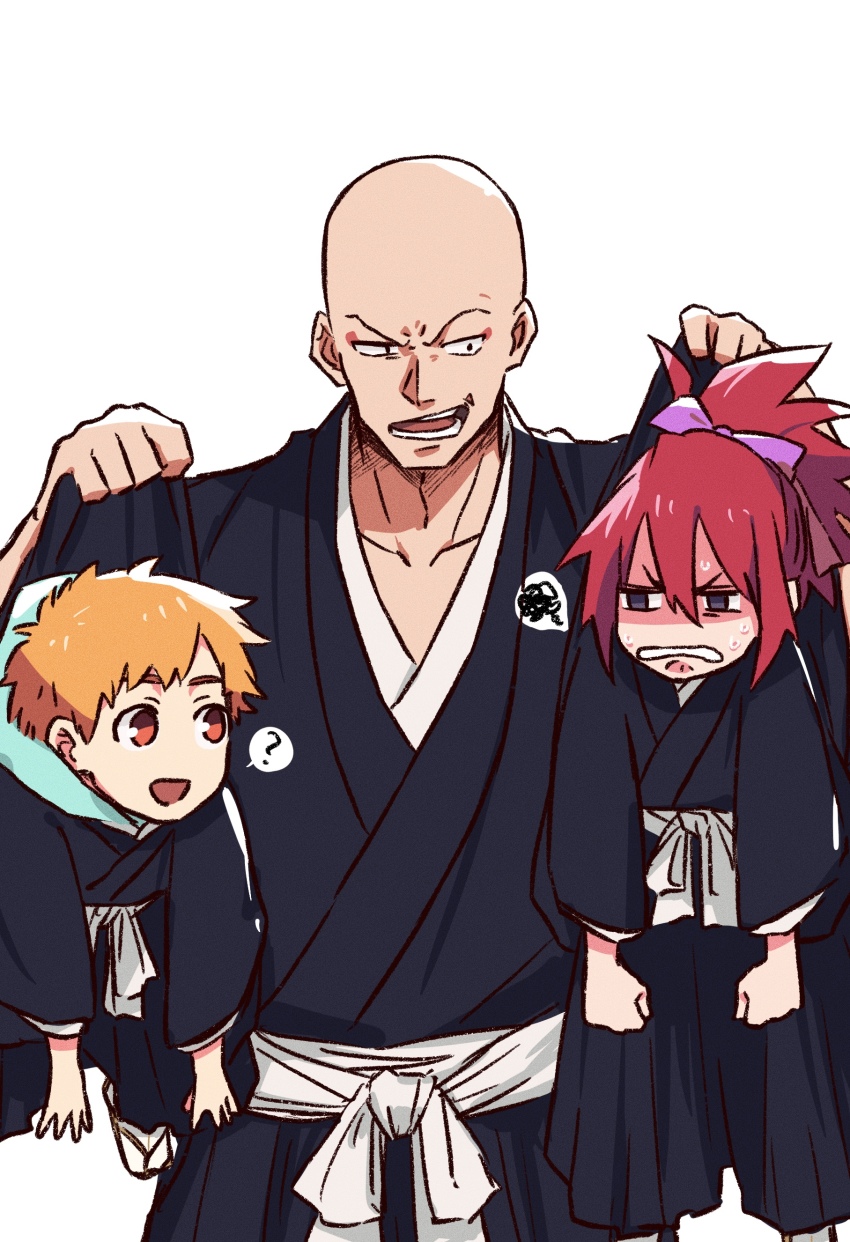 1girl 2boys ? abarai_ichika absurdres bald black_hakama bleach bow choko_egg hair_bow hakama highres holding holding_up japanese_clothes kurosaki_kazui lifting_person long_hair long_sleeves looking_at_another madarame_ikkaku multiple_boys open_mouth orange_eyes orange_hair ponytail purple_bow red_hair teeth upper_body white_background