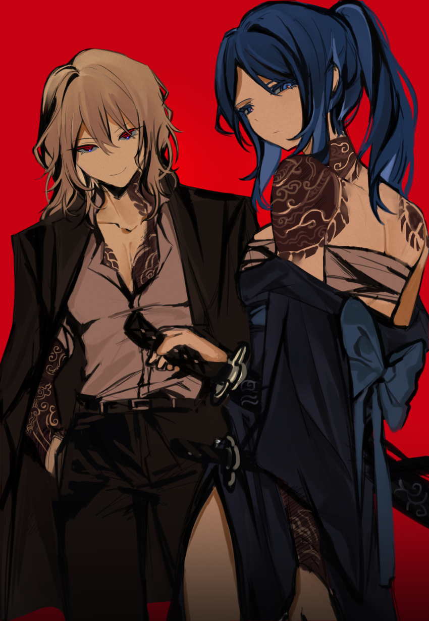 1boy 1girl absurdres alternate_costume bari_(project_moon) black_jacket blue_eyes blue_hair blue_kimono chest_sarashi collarbone cowboy_shot grey_hair grey_shirt highres jacket jacket_on_shoulders japanese_clothes katana kimono la_manchaland&#039;s_don_quixote_(project_moon) limbus_company long_hair looking_at_viewer looking_back mesoold off_shoulder ponytail project_moon red_background red_eyes sarashi shirt simple_background sword tattoo weapon