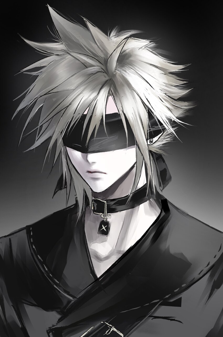 1boy 3_3lecho 9s_(nier:automata) 9s_(nier:automata)_(cosplay) absurdres black_choker black_jacket blindfold blonde_hair choker closed_mouth cloud_strife collarbone cosplay earrings final_fantasy final_fantasy_vii final_fantasy_vii:_ever_crisis gradient_background highres jacket jewelry male_focus nier:automata nier_(series) nier_reincarnation official_alternate_costume pale_skin short_hair solo spiked_hair stud_earrings upper_body
