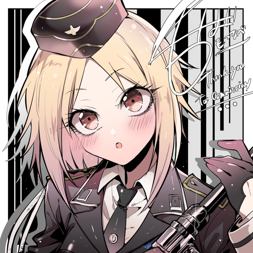 1girl bad_source black_gloves blonde_hair blush brown_eyes commission erotunabe garrison_cap girls&#039;_frontline gloves griffin_&amp;_kryuger_logo gun hat highres looking_at_viewer military military_hat military_uniform mp40 mp40_(girls&#039;_frontline) necktie short_hair skeb_commission solo submachine_gun weapon