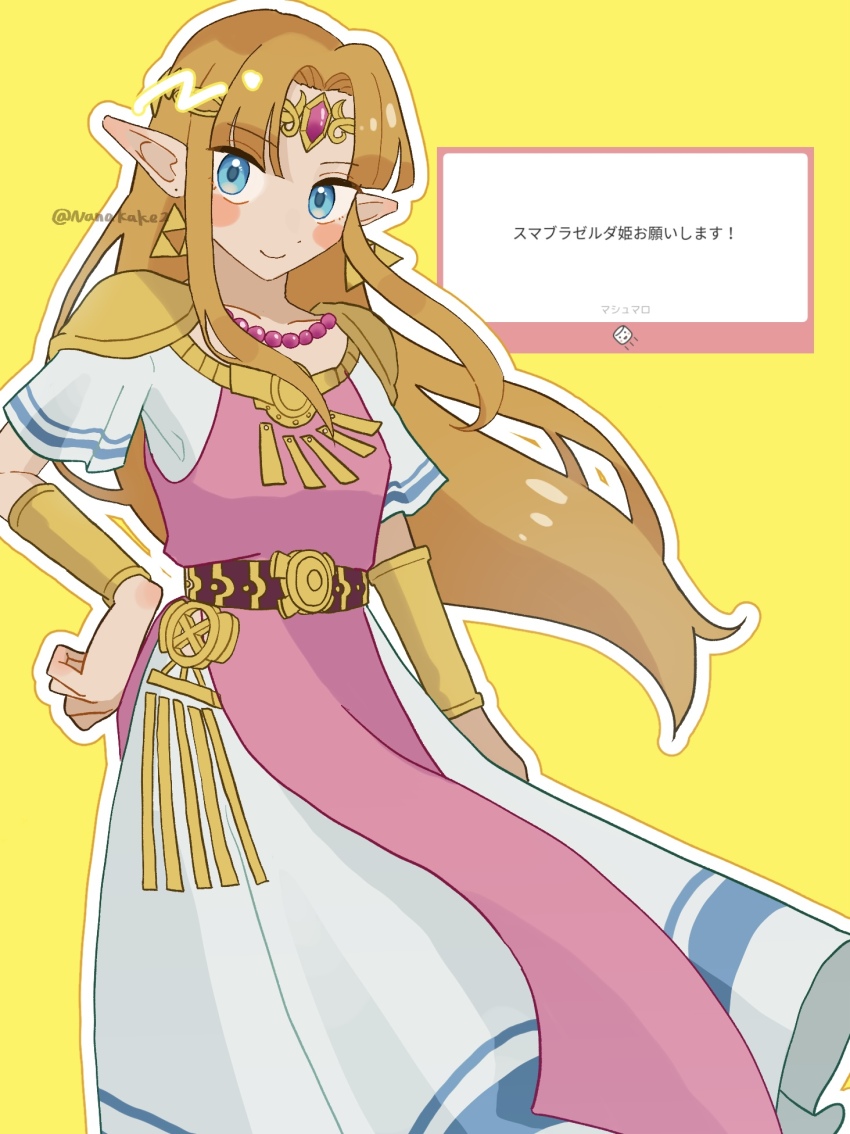 1girl armor artist_name blonde_hair blue_eyes blush blush_stickers breasts circlet closed_mouth dress earrings forehead_jewel hair_ornament hand_on_own_hip highres jewelry long_hair looking_at_viewer nameko_(nanakake2) necklace nintendo parted_bangs pointy_ears princess_zelda request_inset short_sleeves shoulder_armor simple_background smile solo super_smash_bros. the_legend_of_zelda the_legend_of_zelda:_a_link_between_worlds tiara triforce twitter_username yellow_background