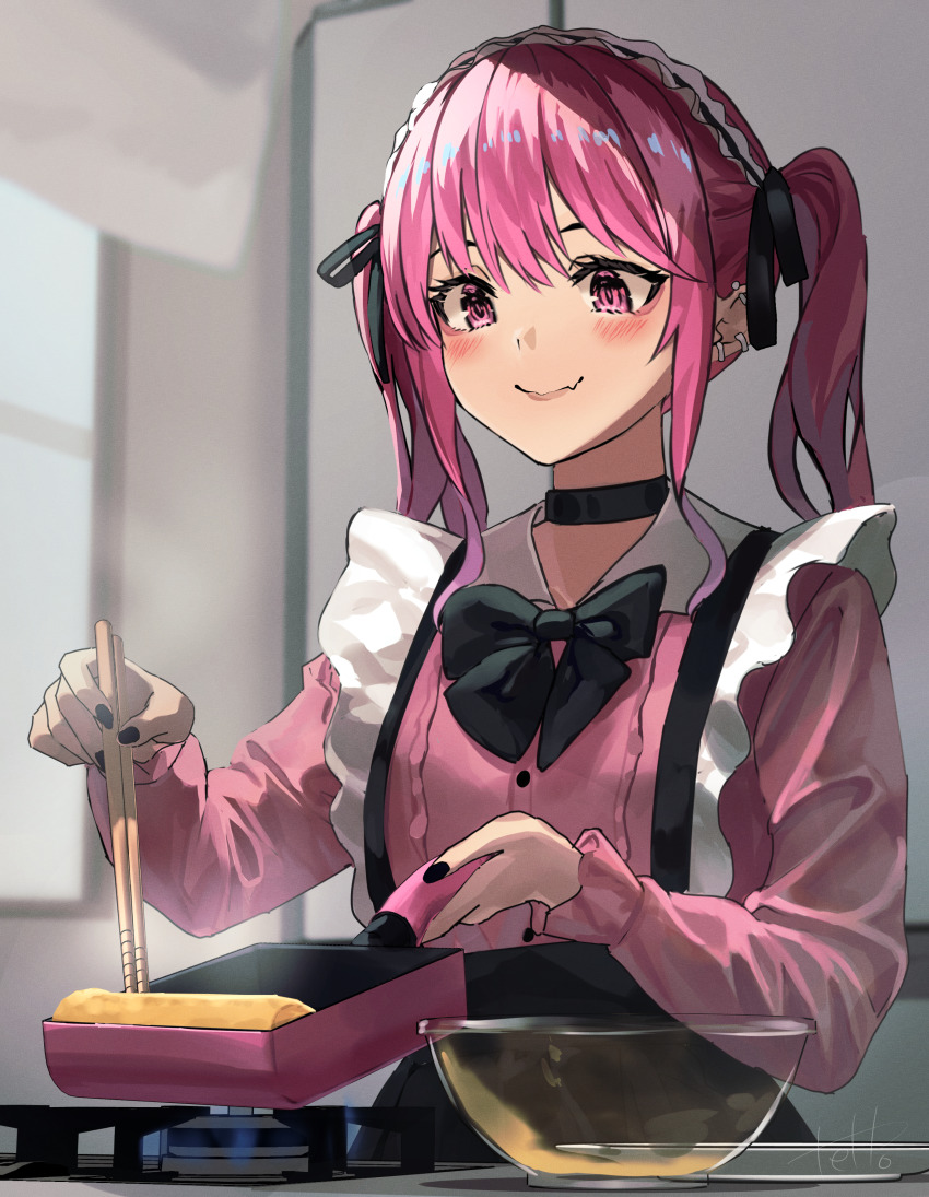 1girl absurdres black_bow black_bowtie black_nails black_skirt blue_hair blush bow bowl bowtie breasts buttons choker chopsticks closed_mouth collared_shirt commentary_request cooking fang food frilled_shirt frills frying_pan gradient_hair hair_bow highres hinamizawa_hinami_(tetto) holding holding_chopsticks holding_frying_pan indoors jirai_kei kitchen makiyakinabe medium_hair multicolored_hair nail_polish omelet original pink_eyes pink_hair pink_shirt shirt skirt slice_of_life small_breasts smile solo tamagoyaki tetto_(onnoveltet) twintails upper_body