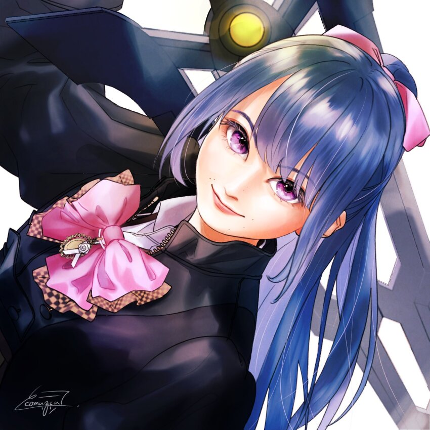 1girl arm_at_side arm_up artist_name assault_lily black_jacket blue_hair bow bowtie closed_mouth collared_shirt commentary dutch_angle fukuyama_jeanne_sachie hair_bow half_updo highres holding holding_sword holding_weapon jacket jewelry juliet_sleeves komuzuka long_hair long_sleeves looking_at_viewer ludvico_private_girls&#039;_academy_school_uniform mole mole_above_mouth mole_on_nose mole_under_eye over_shoulder pendant pink_bow pink_bowtie pink_eyes puffy_sleeves school_uniform shirt signature simple_background smile solo sword sword_over_shoulder upper_body weapon weapon_over_shoulder white_background white_shirt zipper