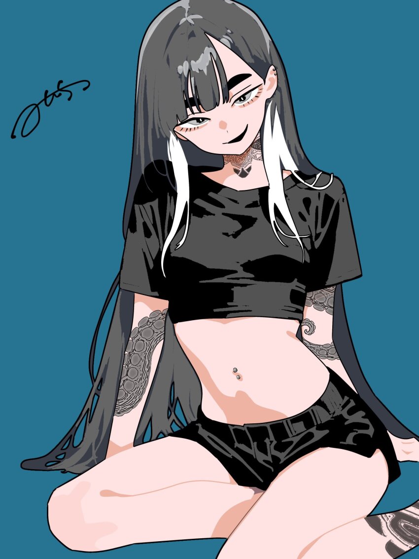 1girl aqua_background arm_support arm_tattoo black_shirt black_shorts crop_top cropped_shirt foot_out_of_frame grey_eyes grey_hair hashtag-only_commentary highres long_hair looking_at_viewer minminmince multicolored_hair navel navel_piercing neck_tattoo original parted_bangs parted_lips piercing shirt short_shorts short_sleeves shorts signature sitting smile solo stomach straight_hair streaked_hair t-shirt tattoo very_long_hair white_streaks yokozuwari
