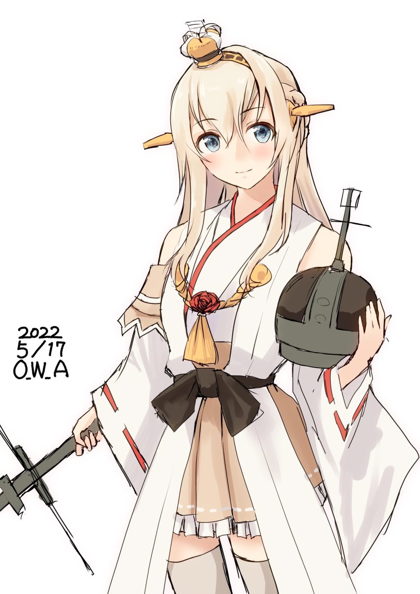1girl artist_name blonde_hair blue_eyes blush braid breasts commentary_request cosplay costume_switch crown dated hair_between_eyes half_up_braid highres holding holding_crown kantai_collection kongou_(kancolle) kongou_(kancolle)_(cosplay) long_hair looking_at_viewer mini_crown owa_(ishtail) pleated_skirt skirt sleeveless smile thighhighs warspite_(kancolle) zettai_ryouiki