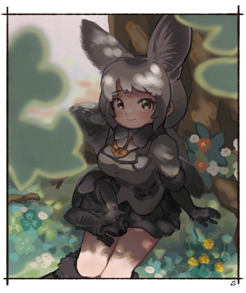 1girl animal_ear_fluff animal_ears bat-eared_fox bat-eared_fox_(kemono_friends) blush boots bow bowtie brown_boots brown_eyes brown_fur brown_gloves brown_hair brown_skirt creature_and_personification elbow_gloves extra_ears fox_ears fox_girl fox_tail from_above fur_boots fur_trim gloves grey_bow grey_bowtie grey_hair grey_jacket highres jacket kemono_friends kemono_friends_3 long_sleeves looking_at_viewer looking_up multicolored_hair orange_shirt personification pleated_skirt shimazoenohibi shirt short_hair skirt smile solo tail