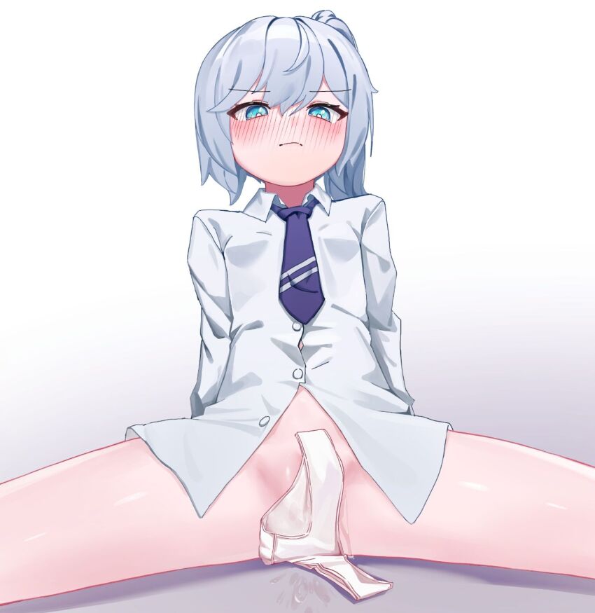 1girl artist_request blue_eyes blue_necktie blush closed_mouth collared_shirt commentary_request commission gradient_background grey_hair hair_between_eyes highres korean_commentary long_hair looking_at_viewer necktie original panties pussy_juice second-party_source shirt sitting solo spread_legs underwear white_panties white_shirt