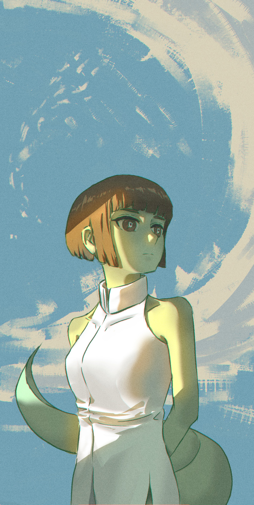 1girl absurdres anak_zahard arms_behind_back bare_shoulders blue_sky breasts brown_eyes brown_hair colored_skin green_skin highres kapxapius lizard_tail original reptile_girl shirt short_hair sidelighting sky tail tower_of_god white_shirt