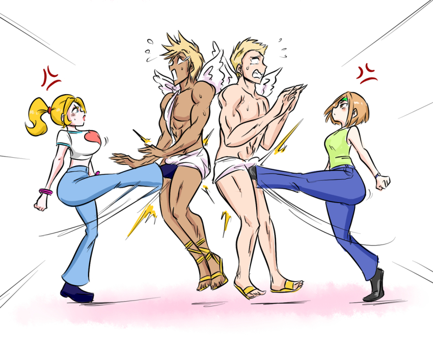 2boys 2girls anger_vein ass ball_busting breasts bulge crotch_kick cupid multiple_boys multiple_girls ocigart sandals