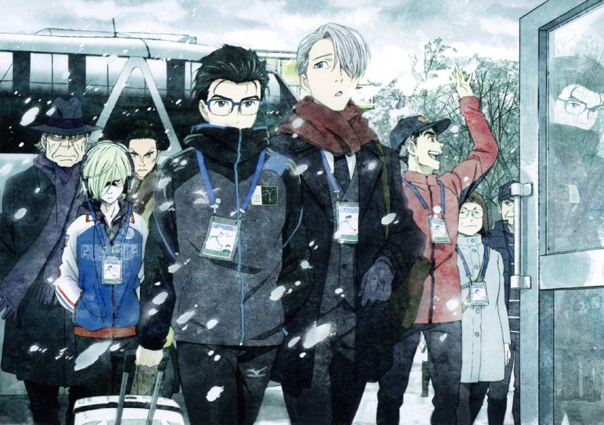 10s 2girls 5boys alain_leroy baseball_cap black_hair blonde_hair blue-framed_eyewear blue_eyes brown_eyes coat glasses green_eyes hair_bun hair_over_one_eye hair_slicked_back hands_in_pockets hat headphones hiramatsu_tadashi jacket jean-jacques_leroy katsuki_yuuri lanyard lilia_baranovskaya male_focus multiple_boys multiple_girls nathalie_leroy non-web_source official_art open_mouth reflection scarf silver_hair single_hair_bun smile snowing suitcase track_jacket viktor_nikiforov walking waving yakov_feltsman yuri!!!_on_ice yuri_plisetsky