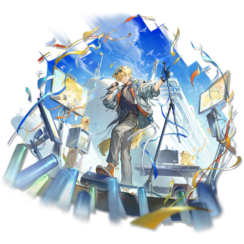 1boy absurdres animal animal_ears arknights arm_cutout bandaged_wrist bandages bird bird_wings black_bandages black_gloves black_shirt blonde_hair blue-tinted_eyewear blue_eyes blue_gloves blue_shirt blue_sky closed_eyes clothing_cutout cloud confetti crowd cruise_ship dog dog_boy dog_ears dog_nose dog_tail eyewear_on_head flower flower_in_mouth gloves grey_pants hair_between_eyes hand_up highres holding holding_lightstick holding_microphone holding_microphone_stand instrument jacket kang_yiqian_(self_cultivation) knee_up leg_cutout lightstick male_focus microphone microphone_stand official_art one_eye_closed open_clothes open_jacket open_mouth open_shirt orange_shoes outdoors pants paw_print paw_print_soles piano screen seagull shirt shoes single_glove sitting sky smile sneakers solo stage sunglasses taco tail tail_wagging teeth television tequila_(arknights) tequila_(top_tier_live)_(arknights) thick_eyebrows tinted_eyewear tongue transparent_background wings yellow_flower