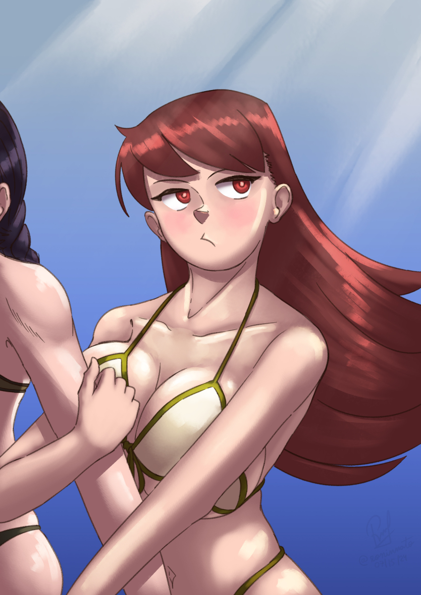 2girls absurdres adapted_costume arm_hug bikini black_hair braid breasts brown_eyes brown_hair collarbone highres kantai_collection kitakami_(kancolle) kitakami_kai_ni_(kancolle) large_breasts long_hair multiple_girls one-hour_drawing_challenge ooi_(kancolle) ooi_kai_ni_(kancolle) ron_(pixiv83091338) single_braid solo_focus swimsuit white_bikini
