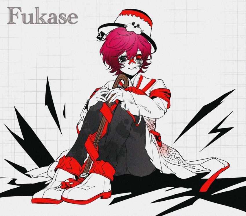 1boy 779762391_(lofter) animal_hat ankle_boots armband bags_under_eyes black_eyes black_pants boots cane character_name coat collared_coat colored_shoe_soles colored_skin double-parted_bangs film_grain flag flipped_hair fukase full_body grey_background grid_background grin hair_between_eyes hands_on_own_knees hat heterochromia high_heel_boots high_heels highres holding holding_cane knees_up long_sleeves male_focus pants puffy_long_sleeves puffy_sleeves red_armband red_eyes red_hair short_hair simple_background sitting skirt smile solo top_hat vocaloid white_boots white_coat white_hat white_skin white_skirt