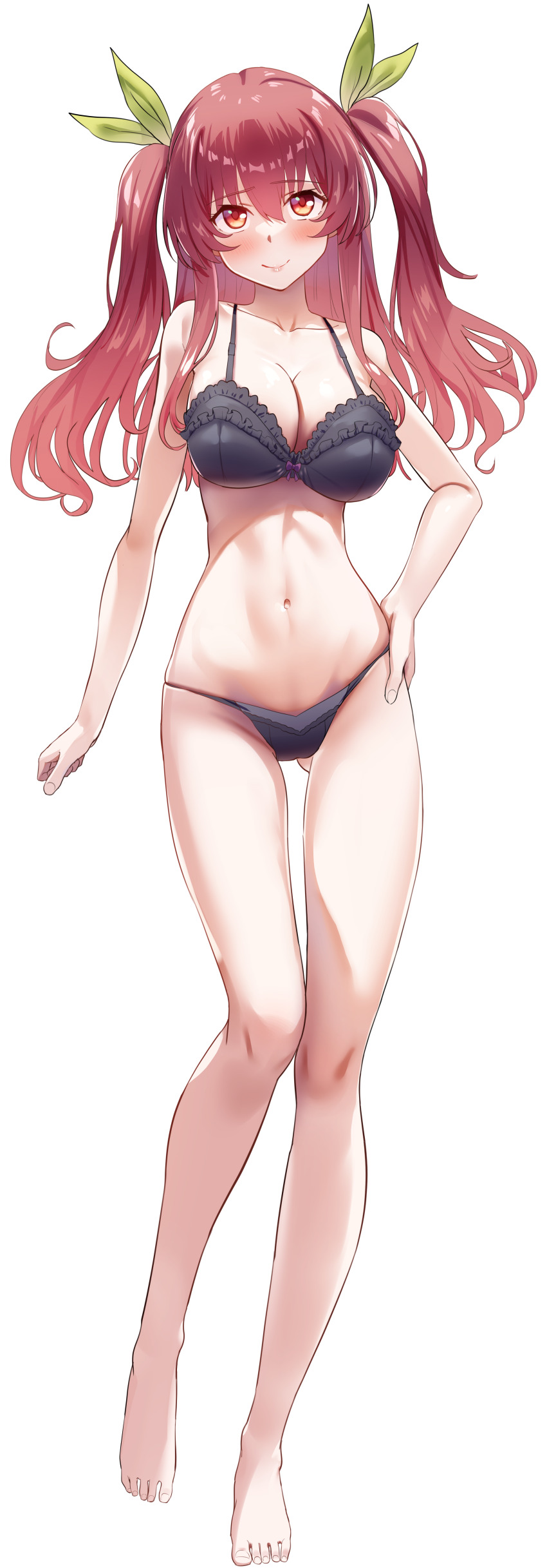 1girl absurdres barefoot black_bra black_panties blush bra breasts closed_mouth collarbone feet full_body gluteal_fold groin hair_between_eyes hair_ribbon hand_on_own_hip highres knees_together_feet_apart large_breasts long_hair long_sidelocks looking_at_viewer navel noshiro_tomoya panties rakudai_kishi_no_cavalry red_eyes red_hair ribbon sidelocks smile solo stella_vermillion stomach thighs toes twintails two_side_up underwear