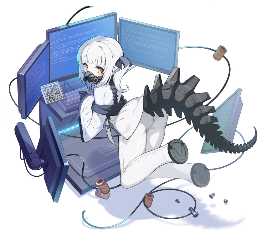 1girl absurdres ass blue_archive blue_screen_of_death colored_skin commentary ein_(blue_archive) highres jacket mask mearyo mechanical_tail mouth_mask short_hair side_ponytail solo symbol-shaped_pupils tail white_hair white_jacket white_skin x-shaped_pupils yellow_eyes