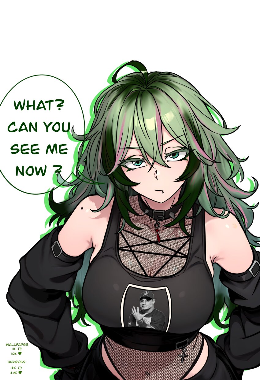 1girl absurdres black_tank_top boku_no_hero_academia breasts collar covered_navel crop_top detached_sleeves english_text fishnet_leotard fishnets green_eyes green_hair hagakure_toru highres john_cena large_breasts leotard looking_at_viewer multicolored_hair pink_hair redpostit simple_background solo speech_bubble spiked_collar spikes symbol-shaped_pupils tank_top unusually_visible white_background
