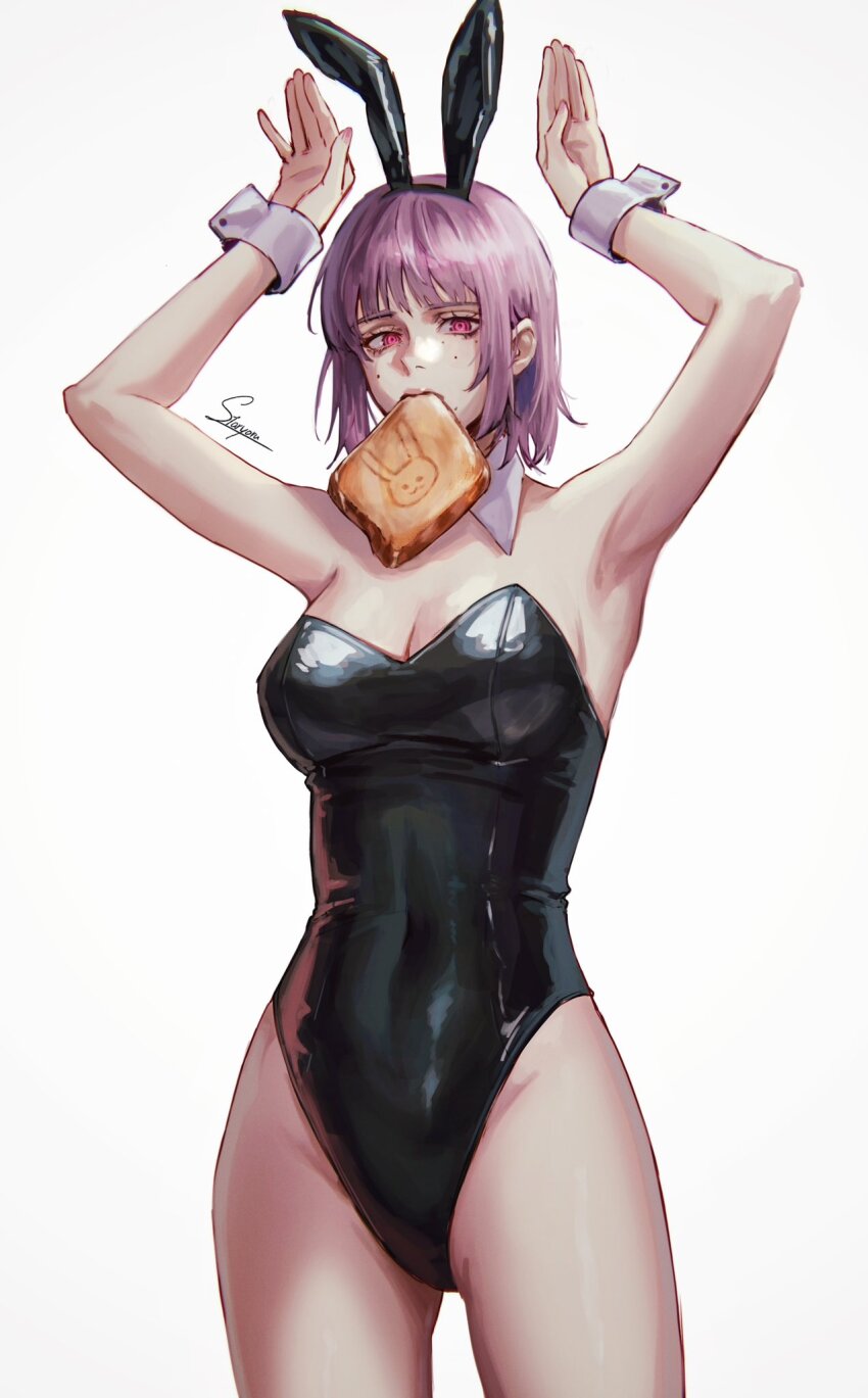 1girl alternate_breast_size alternate_costume animal_ears artist_name black_leotard bread_slice chainsaw_man detached_collar fake_animal_ears fami_(chainsaw_man) food food_in_mouth highres leotard looking_at_viewer mole mole_on_cheek mole_under_eye mole_under_mouth mouth_hold multiple_moles pink_eyes playboy_bunny purple_hair rabbit_ears rabbit_pose ringed_eyes short_hair simple_background solo staryoruu strapless strapless_leotard toast toast_in_mouth traffic_light white_background wrist_cuffs