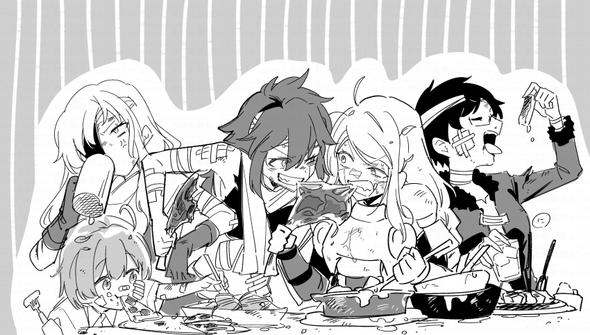 5girls absurdres anger_vein arm_sling arm_up armor bandaged_head bandages bandaid bandaid_on_face bandaid_on_nose bare_shoulders boned_meat breastplate character_request check_character clenched_teeth cup eating etrian_odyssey eyepatch food gauze gloves greyscale grin half-closed_eye highres holding holding_cup holding_food meat medic_(sekaiju) medic_2_(sekaiju) monochrome mug multiple_girls nikki_kyousuke paladin_(sekaiju) paladin_2_(sekaiju) pizza pizza_slice ranger_(sekaiju) ranger_4_(sekaiju) shirt smile swordsman_(sekaiju) swordsman_2_(sekaiju) teeth upper_body v-shaped_eyebrows watermark