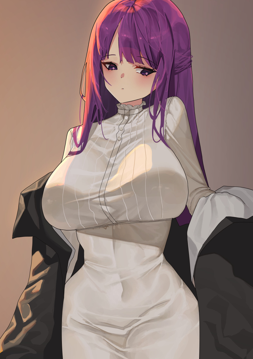 1girl absurdres black_robe blush breasts commentary covered_navel dress fern_(sousou_no_frieren) half_updo highres its2h35 large_breasts long_hair purple_eyes purple_hair robe robe_partially_removed solo sousou_no_frieren symbol-only_commentary taut_clothes taut_dress very_long_hair white_dress