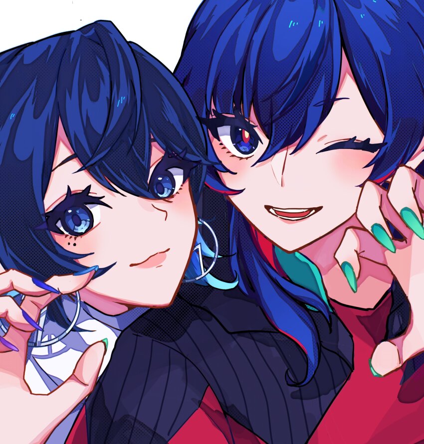 2girls absurdres blue_eyes blue_hair blue_nails close-up closed_mouth colored_inner_hair commentary_request curled_fingers earrings green_nails hair_between_eyes hair_over_shoulder hand_up highres hoop_earrings jacket jewelry kamitsubaki_studio koko_(kamitsubaki_studio) looking_at_viewer medium_hair moemoebi multicolored_eyes multicolored_hair multiple_girls one_eye_closed open_mouth portrait red_eyes red_hair rim_(kamitsubaki_studio) simple_background smile teeth two-tone_hair virtual_youtuber white_background wolf_cut yellow_pupils
