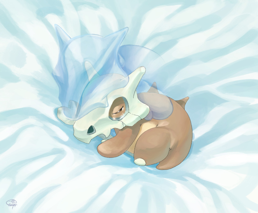 bed_sheet closed_eyes commentary_request crying cubone enrike_(enrique_mr_blue) gen_1_pokemon ghost highres lying marowak nintendo no_humans pokemon pokemon_(creature) sad signature skull tears