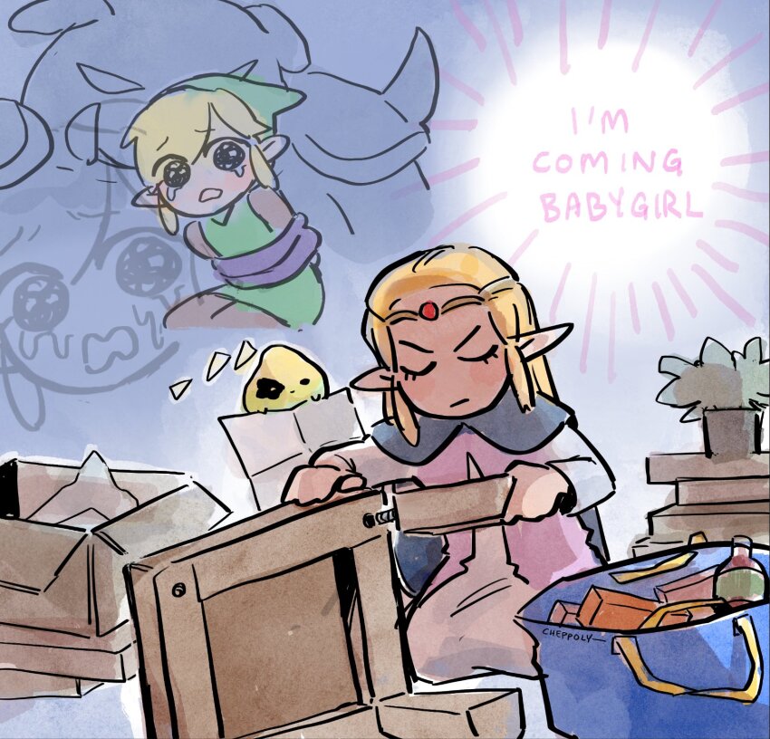 1girl 2boys artist_name blonde_hair blue_cape blush_stickers cape cheppo chibi circlet closed_eyes commentary creature crying crying_with_eyes_open dress english_commentary english_text ganon green_hat hat highres link long_hair long_sleeves monster multiple_boys nintendo pink_dress pointy_ears princess_zelda table tears the_legend_of_zelda the_legend_of_zelda:_echoes_of_wisdom tri_(zelda) two-tone_dress white_dress