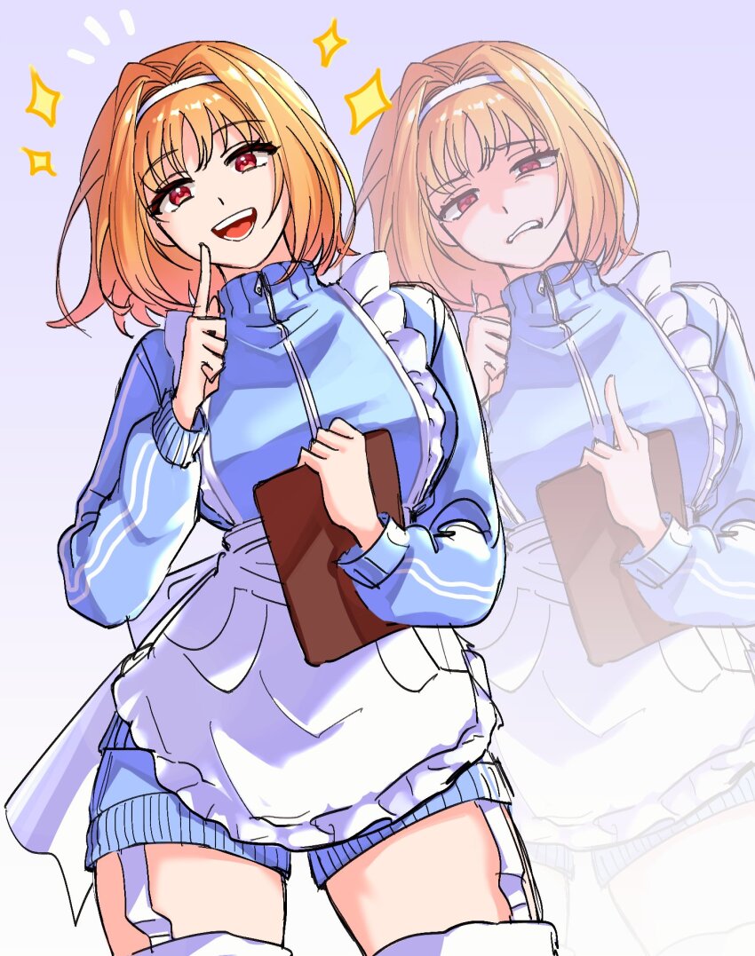 1girl annoyed apron arms_up blonde_hair breasts choppy_bangs frills from_below hair_between_eyes highres jacket kuporin99 kushida_kikyou large_breasts maid maid_apron middle_finger multiple_views open_mouth short_hair shorts solo teeth thighhighs track_jacket youkoso_jitsuryoku_shijou_shugi_no_kyoushitsu_e zettai_ryouiki