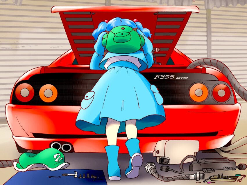 1girl backpack bag blue_boots blue_hair blue_jacket blue_skirt boots bow colored_shoe_soles edwardmidori ferrari ferrari_355 flat_cap garage green_bag green_hat hair_bow hat highres jacket juliet_sleeves kawashiro_nitori long_sleeves medium_hair puffy_sleeves rubber_boots shirt skirt solo standing touhou two_side_up unworn_hat unworn_headwear white_shirt