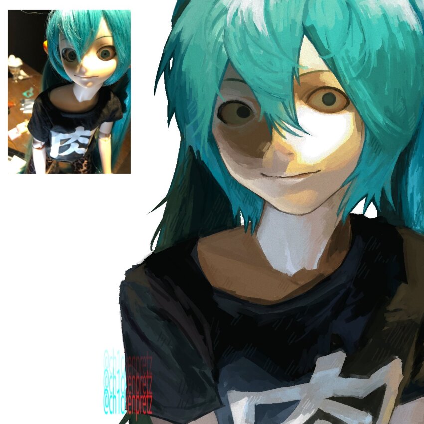 1girl alternate_costume black_shirt bloodshot_eyes blue_eyes blue_hair ch1ckenpretz double-parted_bangs hair_between_eyes hatsune_miku head_tilt highres horror_(theme) looking_at_viewer no_pupils reference_inset shirt skeleton_print smile solo twintails upper_body vocaloid white_background