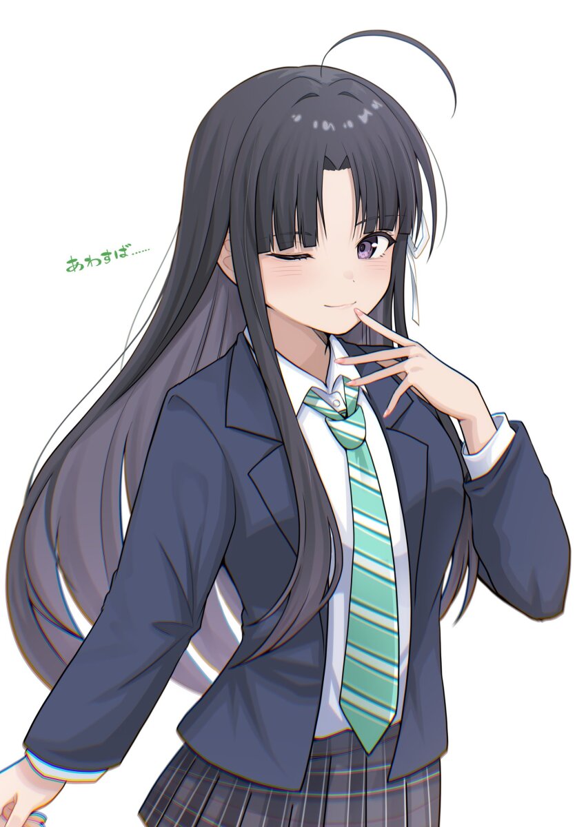 1girl absurdres ahoge awa_subaru black_hair blue_jacket blush chromatic_aberration closed_mouth collared_shirt diagonal-striped_clothes diagonal-striped_necktie girls_band_cry green_necktie grey_skirt highres jacket long_hair necktie one-eyed parted_bangs plaid_clothes plaid_skirt pleated_skirt purple_eyes rrtp school_uniform shirt sidelocks simple_background skirt solo striped_clothes translated white_background white_shirt