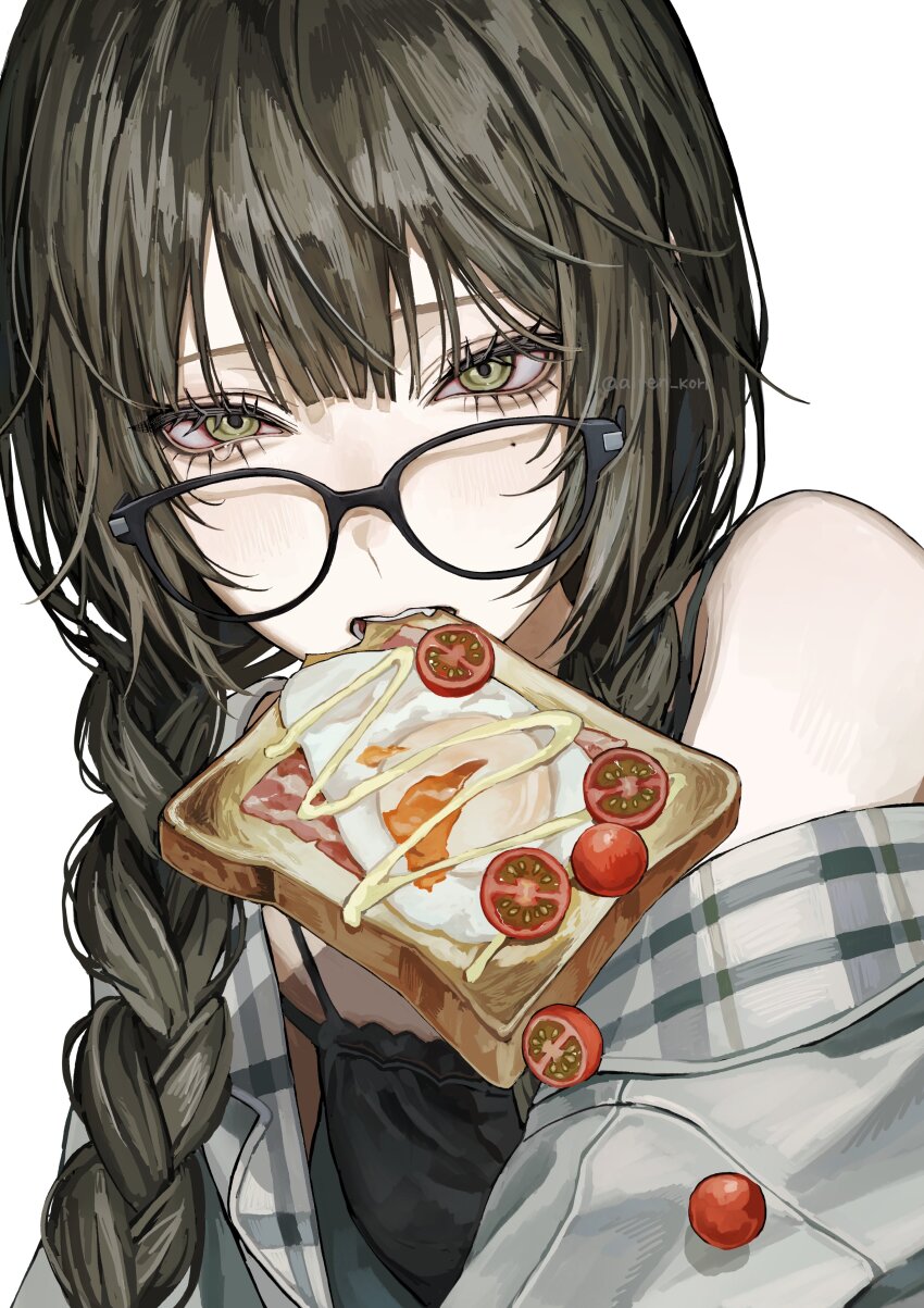 1girl absurdres airen_kori artist_name bacon black-framed_eyewear black_hair bread bread_slice cherry_tomato egg_(food) eyelashes food food_in_mouth glasses green_eyes highres looking_at_viewer mole mole_under_eye mouth_hold original simple_background solo toast toast_in_mouth tomato twitter_username watermark white_background