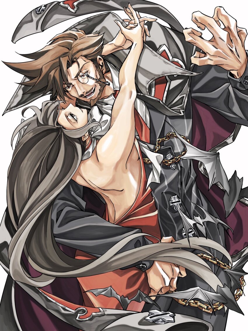 1boy 1girl back bat_(animal) bat_wings beard black_hair breasts brown_hair chain collared_shirt couple cross dong_hole dress facial_hair formal_clothes guilty_gear guilty_gear_strive highres hug husband_and_wife long_hair looking_at_another monocle mustache necktie open_mouth red_dress red_eyes red_necktie sharon_(guilty_gear) shirt sideboob slayer_(guilty_gear) suit vampire white_shirt wings