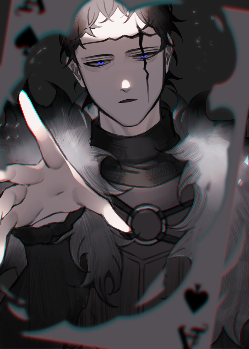 1boy absurdres ace_(playing_card) ace_of_spades black_clover black_hair black_shirt blue_eyes blurry brown_vest card chest_strap chromatic_aberration coat depth_of_field expressionless facial_mark framed frit_2 fur_coat fur_collar high_collar highres looking_at_viewer male_focus messy_hair o-ring outstretched_hand parted_lips playing_card shirt short_hair solo spade_(shape) upper_body vest zenon_zogratis