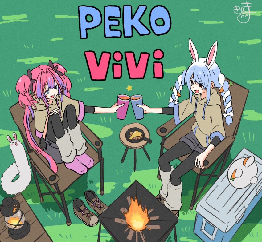2girls animal_ear_fluff animal_ears black_pantyhose blue_eyes blue_hair blush bow braid brown_eyes brown_hoodie brown_shoes campfire carrot_hair_ornament chair character_name commentary_request cup day don-chan_(usada_pekora) drawstring eye_contact fire food-themed_hair_ornament grass grey_shorts hair_bow hair_ornament highres holding holding_cup hololive hololive_dev_is hood hood_down hoodie kikirara_vivi kiritoma knees_up lantern layered_sleeves long_sleeves looking_at_another multicolored_hair multiple_girls on_chair outdoors pantyhose pantyhose_under_shorts pekomon_(usada_pekora) pink_hair pink_socks purple_hair rabbit_ears shoes short_eyebrows short_over_long_sleeves short_sleeves shorts signature sitting socks thick_eyebrows toasting_(gesture) twin_braids twintails two-tone_hair unworn_shoes usada_pekora white_bow white_hair