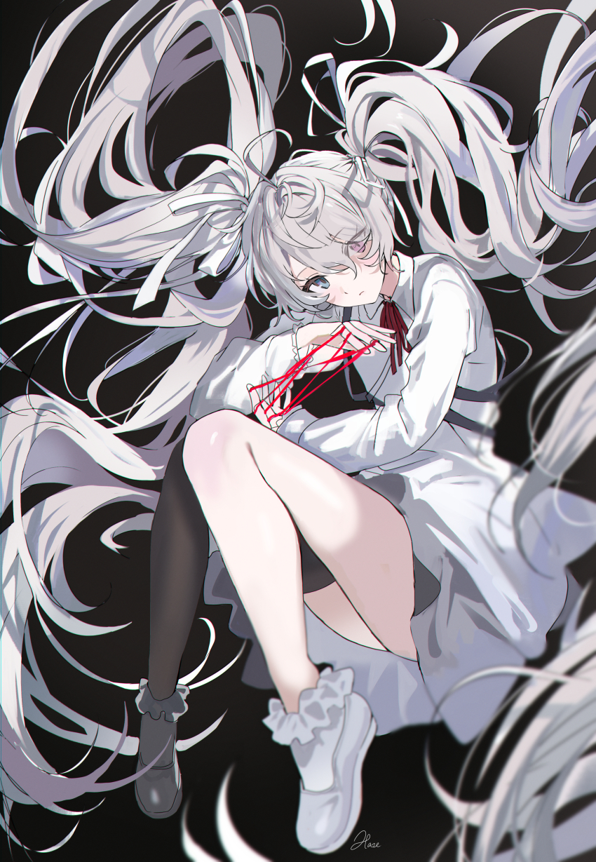 1girl 25-ji_miku 25-ji_nightcord_de._(project_sekai) absurdly_long_hair absurdres aqua_hair black_socks cat&#039;s_cradle closed_mouth hair_over_one_eye hatsune_miku haze_(ohw8g) highres long_hair looking_at_viewer number-only_commentary one_eye_covered project_sekai revision shirt simple_background single_sock socks solo thighs twintails very_long_hair vocaloid white_shirt