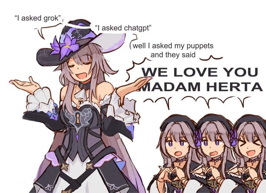 4girls :d bare_shoulders black_choker black_dress black_hat chatgpt choker closed_eyes detached_sleeves dress frilled_sleeves frills grey_hair grok_(xai) hat herta_(honkai:_star_rail) herta_(puppet)_(honkai:_star_rail) highres honkai:_star_rail honkai_(series) long_hair long_sleeves multiple_girls multiple_persona nonnormalguy open_mouth purple_eyes shrugging smile strapless strapless_dress the_herta_(honkai:_star_rail) very_long_hair white_background