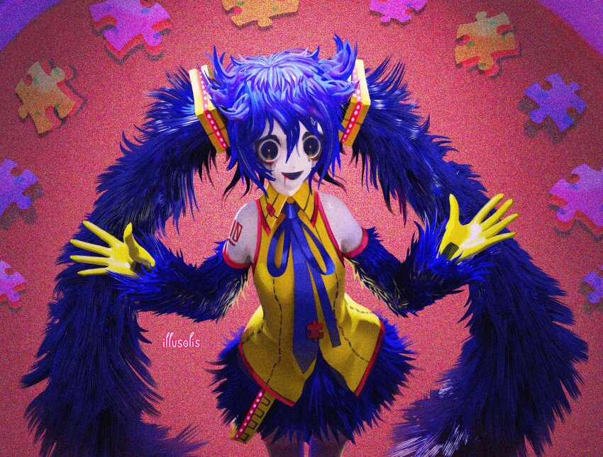 1girl black_eyes blue_hair blue_necktie blue_ribbon blue_skirt blue_sleeves detached_sleeves gloves hatsune_miku headset highres huggy_wuggy illusolis long_hair necktie number_tattoo open_mouth poppy_playtime puzzle_piece puzzle_piece_ornament ribbon shirt skirt solo tattoo twintails very_long_hair vocaloid yellow_gloves yellow_shirt