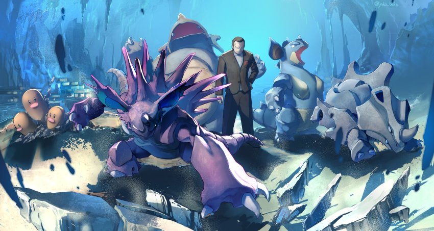 black_suit brown_hair cave claws destruction drill dugtrio epic formal_clothes frown gen_1_pokemon giovanni_(pokemon) hand_on_own_hip highres horns jako_(boke_poke) nidoking nidoqueen nintendo pokemon pokemon_(creature) pokemon_frlg rhydon rhyhorn rock rubble sharp_teeth single_horn smirk spikes stone stone_floor suit tail team_rocket teeth