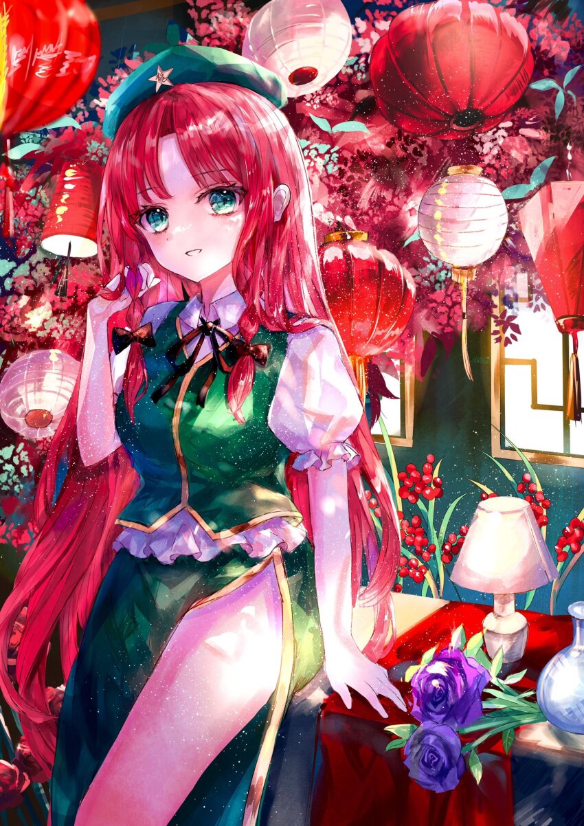 1girl braid china_dress chinese_clothes dress flower hat hat_ornament highres hong_meiling lamp lantern maid_headdress plant red_hair star_(symbol) star_hat_ornament suzushina touhou twin_braids