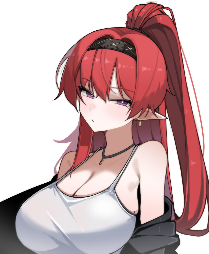 1girl absurdres alternate_costume bare_shoulders black_hairband breasts bright_pupils circle_facial_mark cleavage closed_mouth commentary earrings hair_between_eyes hair_intakes hairband highres jewelry large_breasts long_hair looking_at_viewer mark_under_both_eyes necklace oxooxo666 pointy_ears ponytail purple_eyes red_hair solo upper_body white_background white_pupils wuthering_waves yinlin_(wuthering_waves)