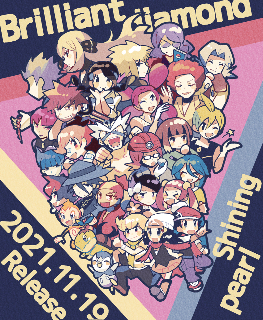 &gt;_&lt; 2021 6+boys 6+girls :d ;d aaron_(pokemon) anidler91 barry_(pokemon) beanie bertha_(pokemon) black_pants black_shirt blue_hat blue_pants boots bow buck_(pokemon) byron_(pokemon) candice_(pokemon) cheryl_(pokemon) chimchar copyright_name crasher_wake creatures_(company) cynthia_(pokemon) cyrus_(pokemon) dated dawn_(pokemon) fantina_(pokemon) flint_(pokemon) game_freak gardenia_(pokemon) gen_4_pokemon glasses green_scarf hair_bow hair_ornament hat highres jupiter_(pokemon) lucas_(pokemon) lucian_(pokemon) marley_(pokemon) mars_(pokemon) maylene_(pokemon) mining_helmet mira_(pokemon) multiple_boys multiple_girls nintendo one_eye_closed open_mouth pants pink_boots pink_skirt pokemon pokemon_(creature) pokemon_bdsp red_hat red_scarf riley_(pokemon) roark_(pokemon) saturn_(pokemon) scarf shirt skirt smile star_(symbol) starter_pokemon_trio striped_clothes striped_shirt team_galactic twintails volkner_(pokemon) white_bow