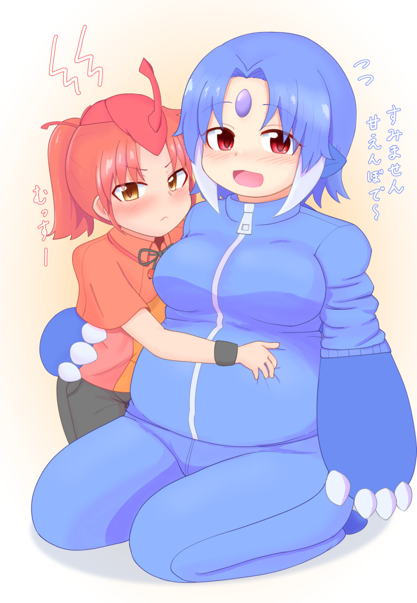 1boy 1girl animal_feet animal_hands blue_hair blush breasts fat forehead_jewel highres hug jacket kilazee kodalar looking_at_viewer mazato_codalove medium_breasts medium_hair multicolored_hair nipples open_mouth personification plump red_eyes red_hair seiza shawl sitting sweats thick_thighs thighs translation_request two-tone_hair ultra_series yellow_eyes